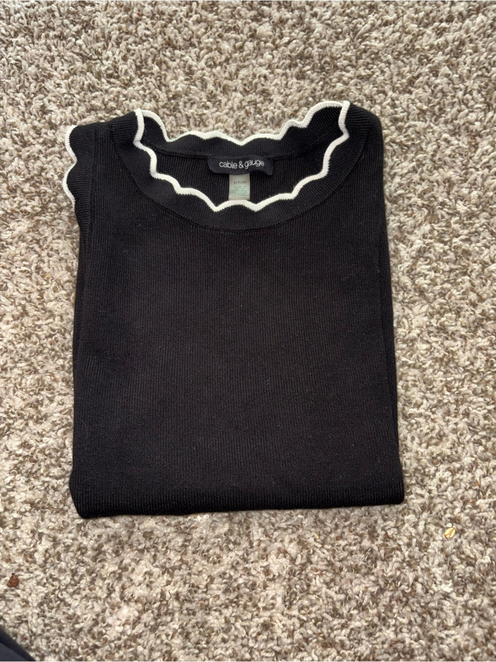 Cable & Gauge Black Blouse with Cream Scalloped Trim
